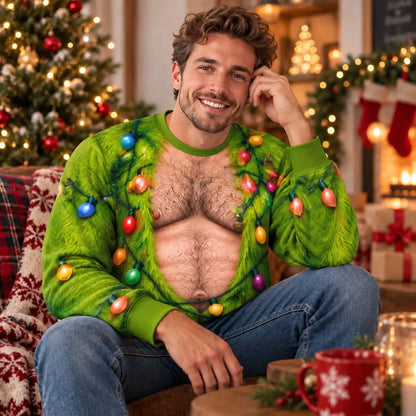 Hairy Chest Christmas Lights Sweatshirt – Funny Green Holiday Graphic 3D All Over Print Design