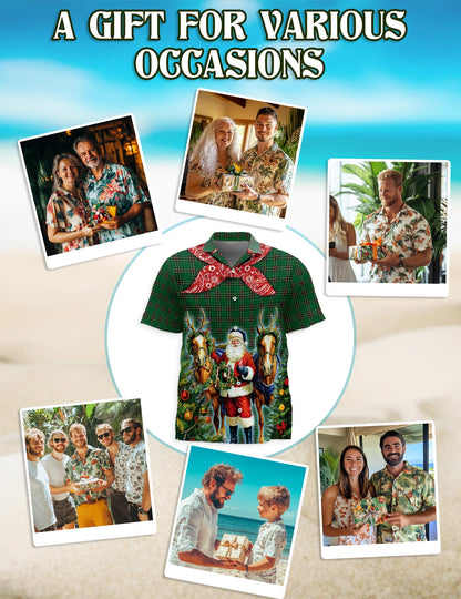 Santa Claus Cowboy Christmas Plaid Pattern Hawaiian Shirt for Men, Button Down Aloha Shirt - Azhawaiian