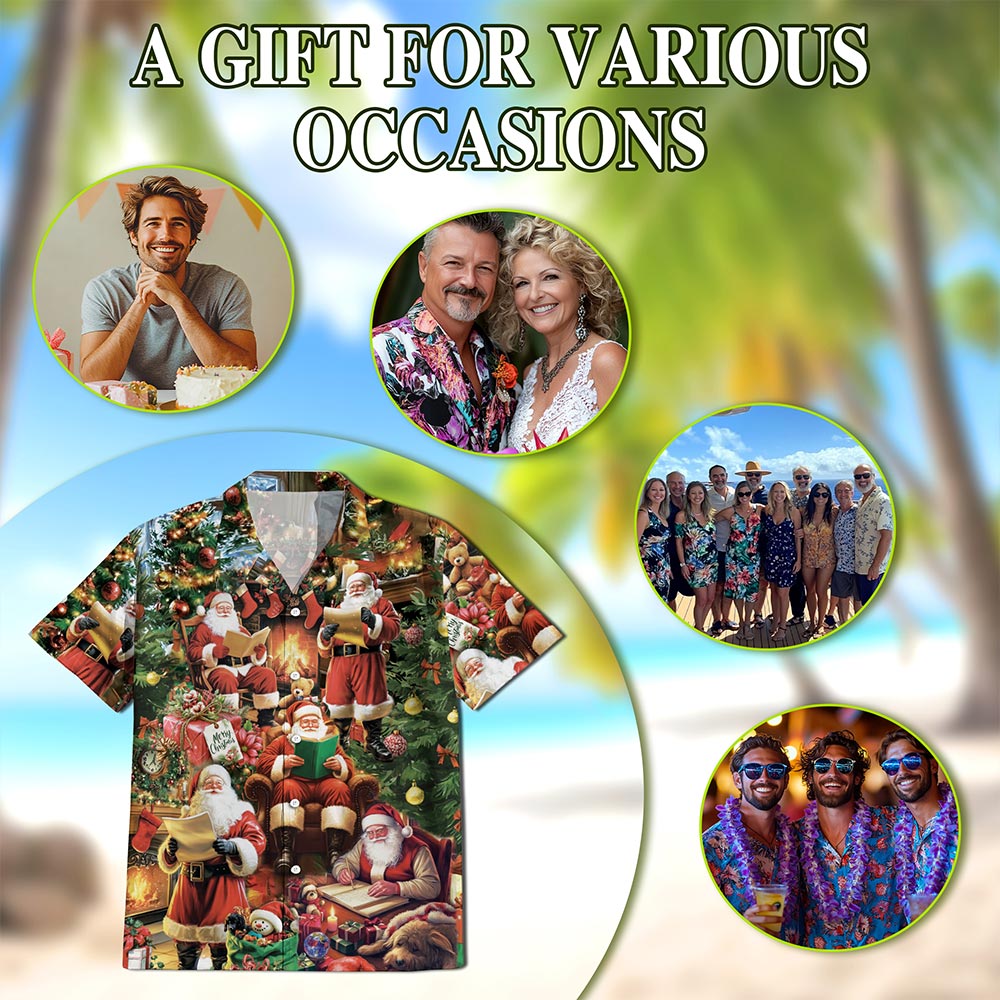 Santa Claus Reading Book Christmas Hawaiian Shirt for Men, Button Down Aloha Shirt - Azhawaiian