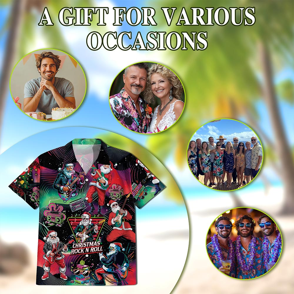 Santa Claus Rock Guitar Christmas Hawaiian Shirt for Men, Button Down Aloha Shirt - Azhawaiian