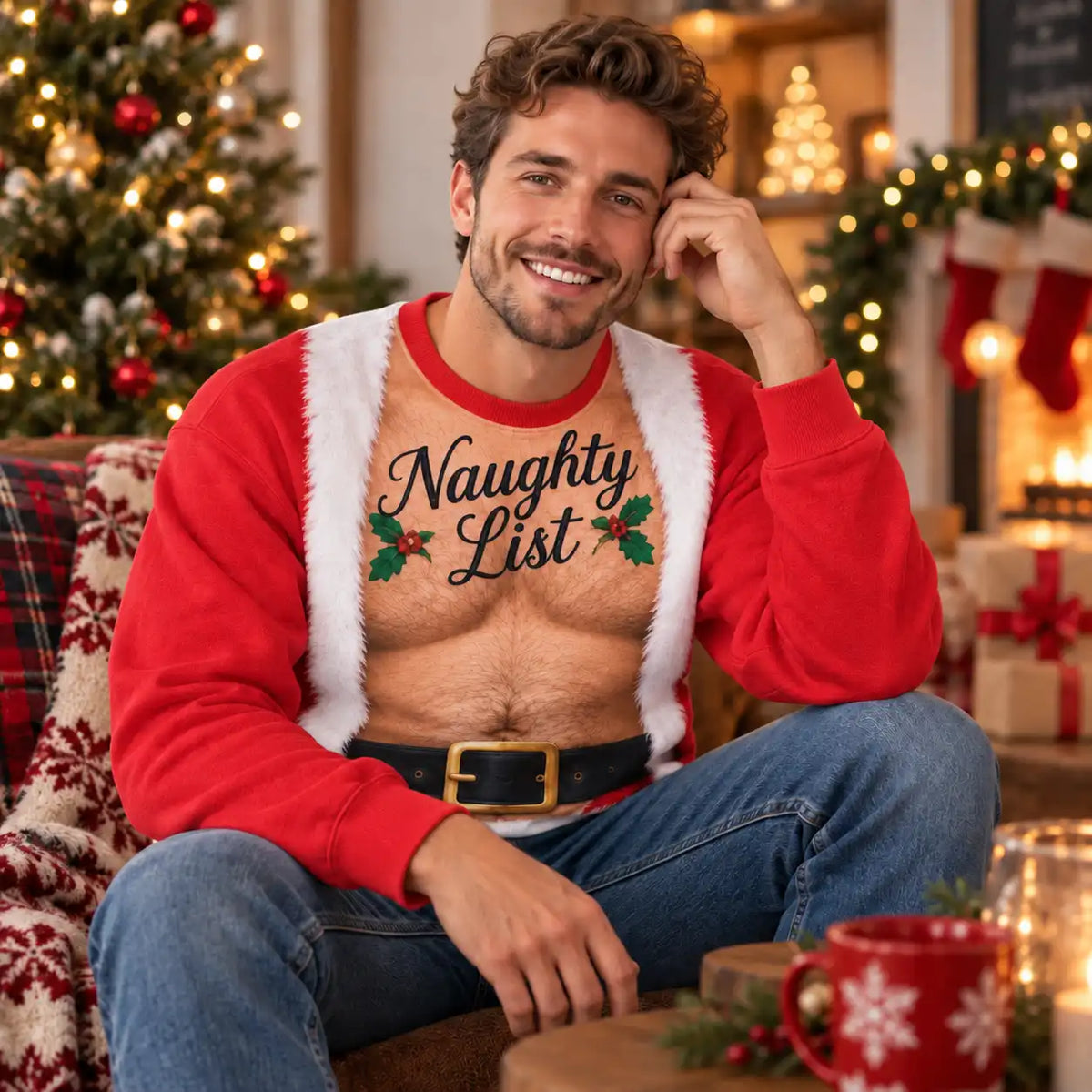 Hairy Chest Christmas Sweatshirt – Funny Ugly Christmas Santa 3D All Over Print Design