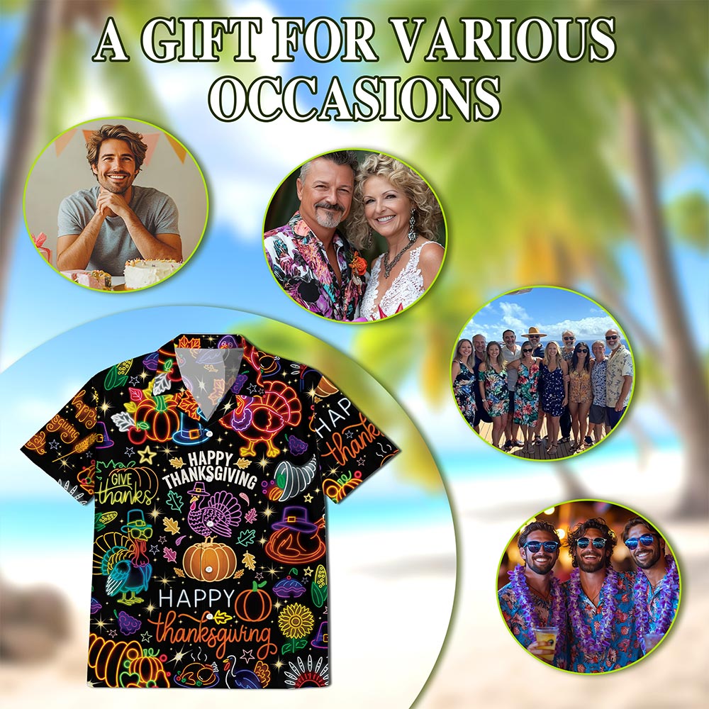 Neon Thanksgiving Hawaiian Shirt for Men, Button Down Aloha Shirt - Azhawaiian
