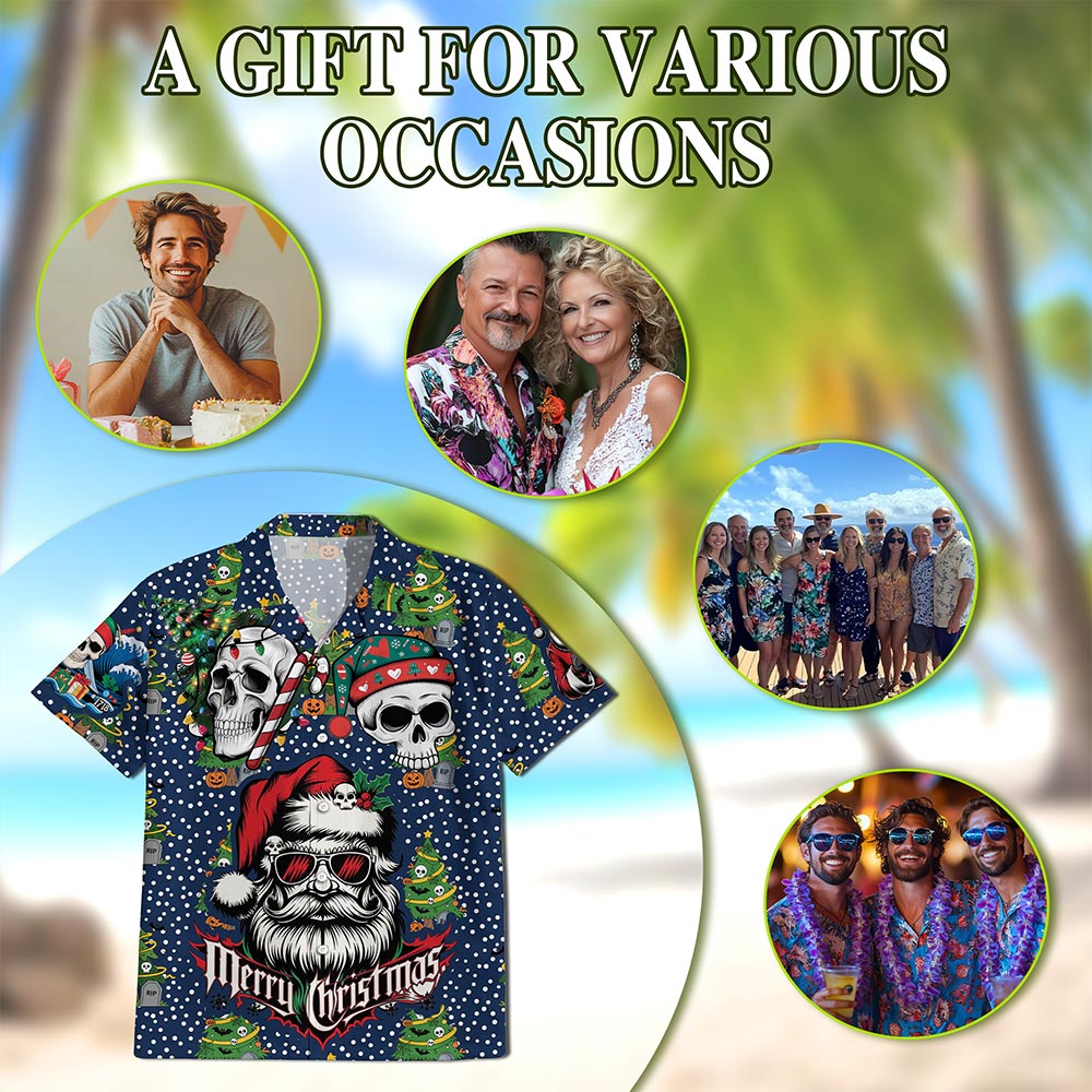 Santa Skull Christmas Hawaiian Shirt for Men, Button Down Aloha Shirt - Azhawaiian
