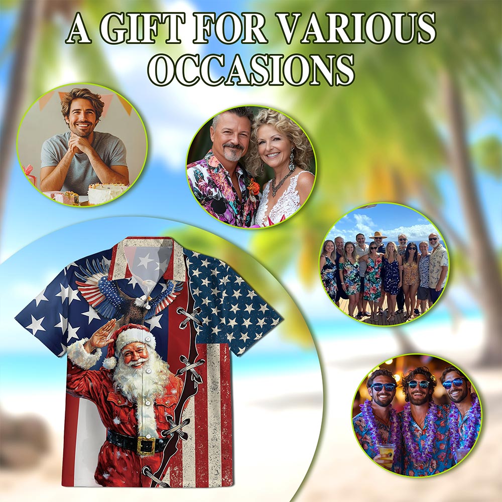 Patriotism American Christmas Hawaiian Shirt for Men, Button Down Aloha Shirt - Azhawaiian
