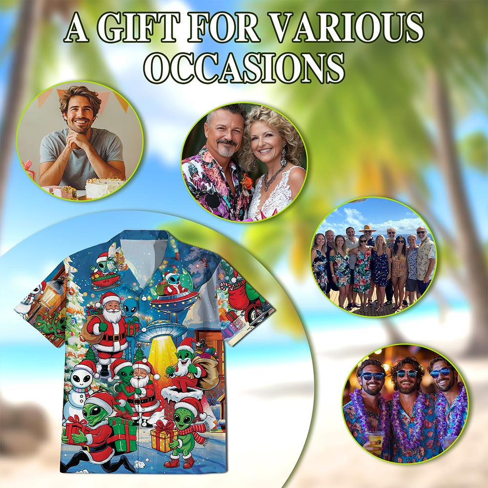 Alien and Santa Claus Christmas Hawaiian Shirt for Men, Button Down Aloha Shirt - Azhawaiian