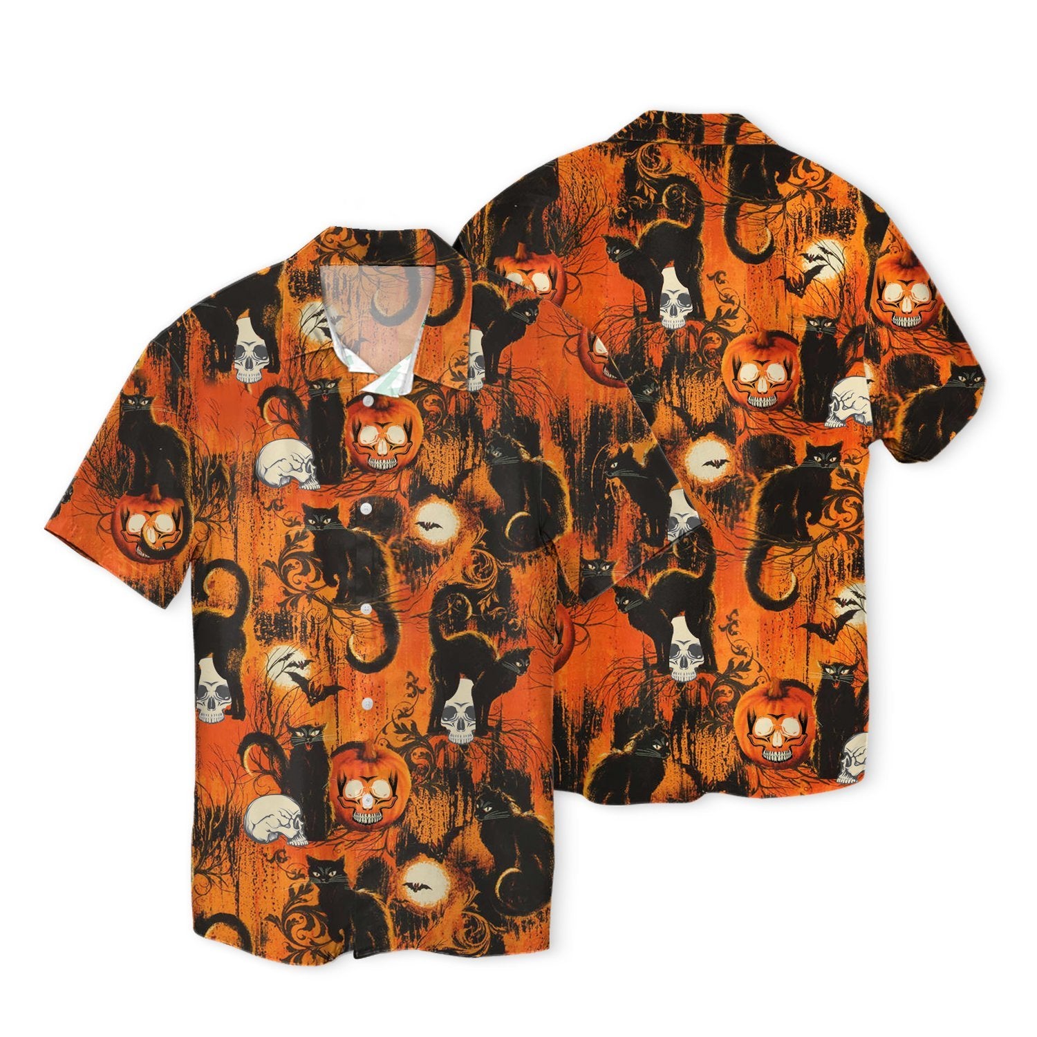 Black Cats Skulls Pumpkins Halloween 3D Hawaiian Shirt SK-3HS01-P0100S01