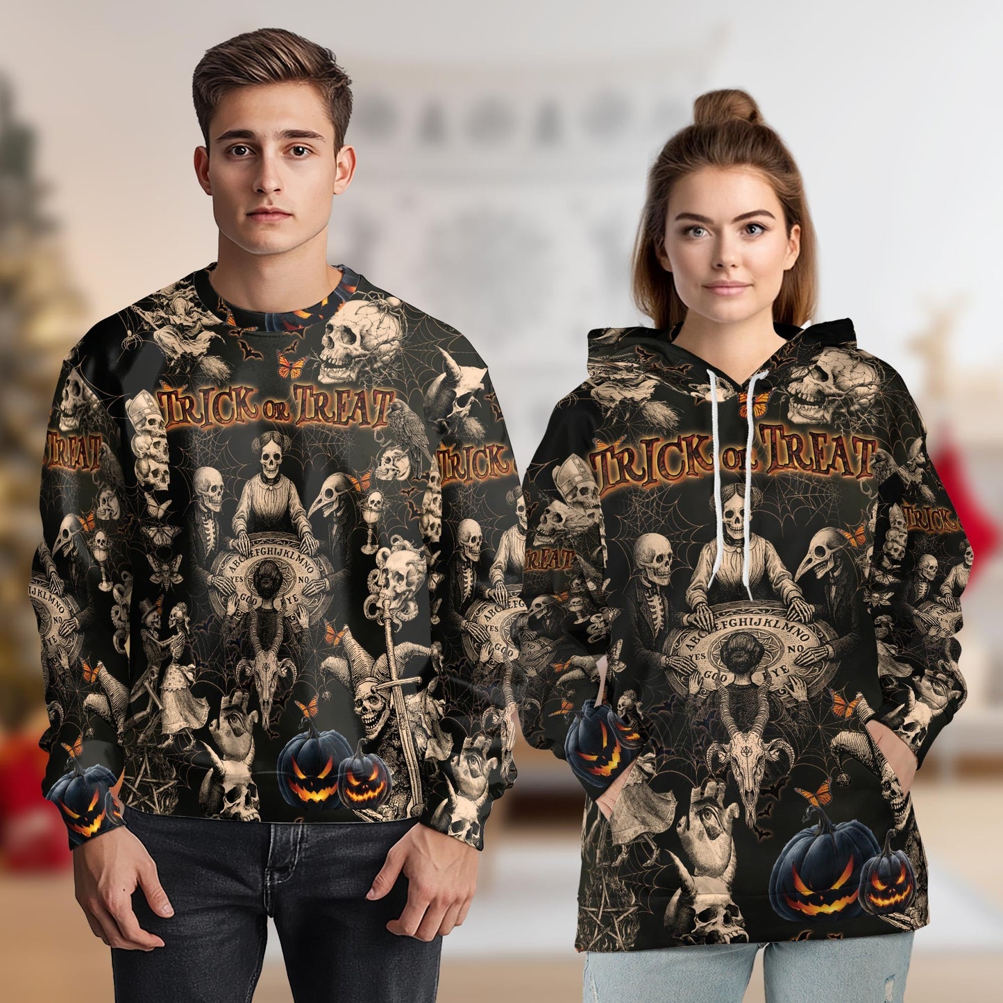 Vintage Skull Halloween All Over Print Hoodie, Graphic Design Pullover
