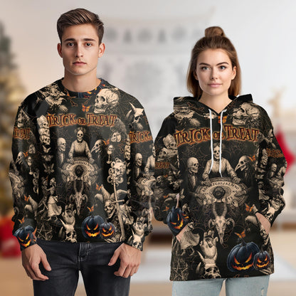 Vintage Skull Halloween All Over Print Hoodie, Graphic Design Pullover
