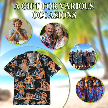 Tropical Pinup Girl Black Hawaiian Shirt for Men, Button Down Aloha Shirt - Azhawaiian