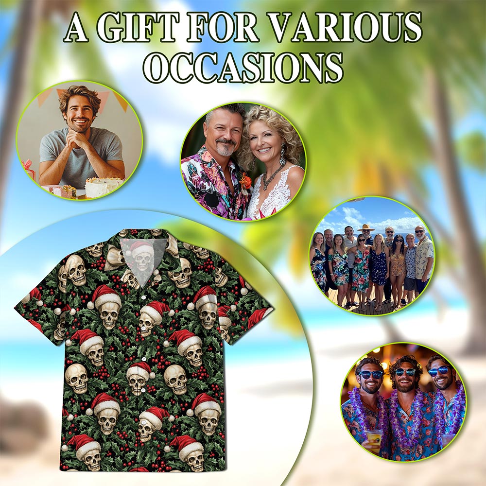 Skull Santa Hat Christmas Hawaiian Shirt for Men, Button Down Aloha Shirt - Azhawaiian