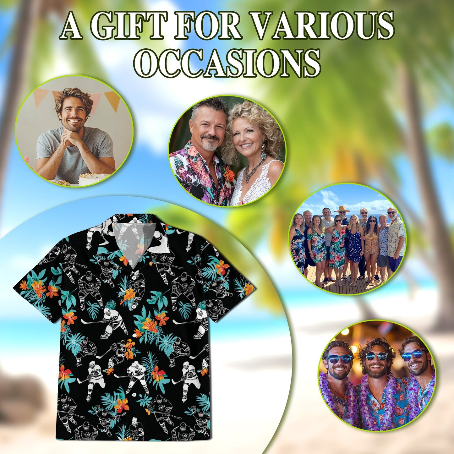 Ice Hockey Player Black Tropical Flower Hawaiian Shirt for Men, Button Down Aloha Shirt - Azhawaiian