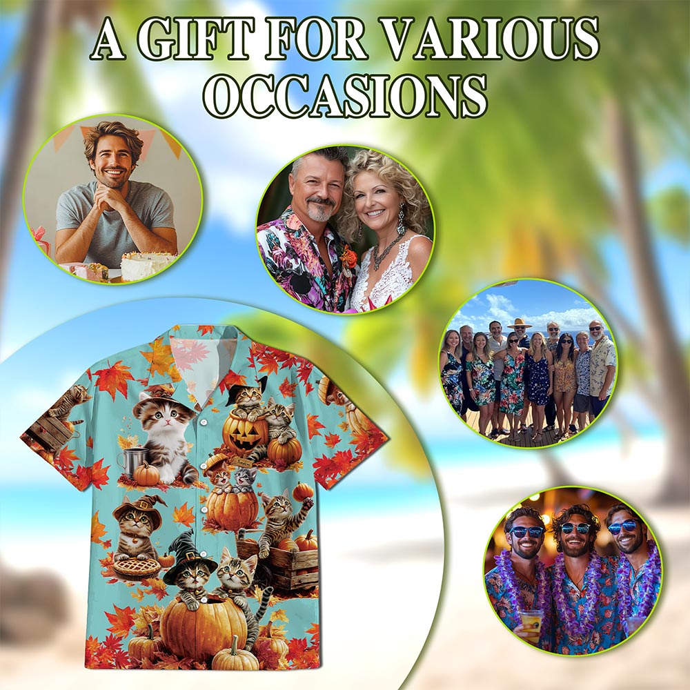 Cat Pumpkin Hawaiian Shirt for Men, Button Down Aloha Shirt - Azhawaiian