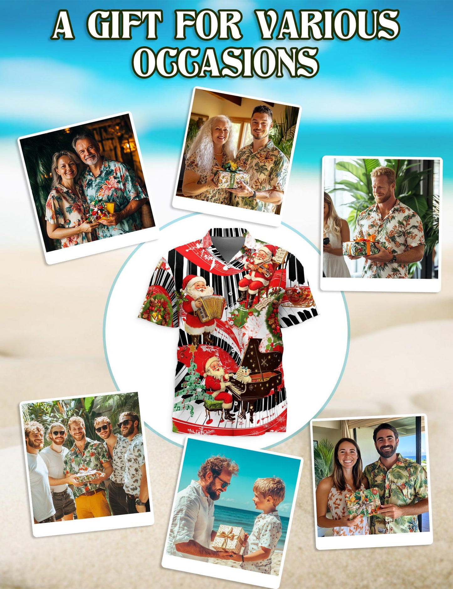 Santa Claus Playing Musical Instruments Hawaiian Shirt for Men, Button Down Aloha Shirt - Azhawaiian