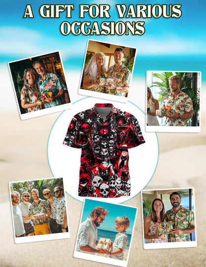 Black Cat UFO Alien Halloween Hawaiian Shirt for Men, Button Down Aloha Shirt - Azhawaiian
