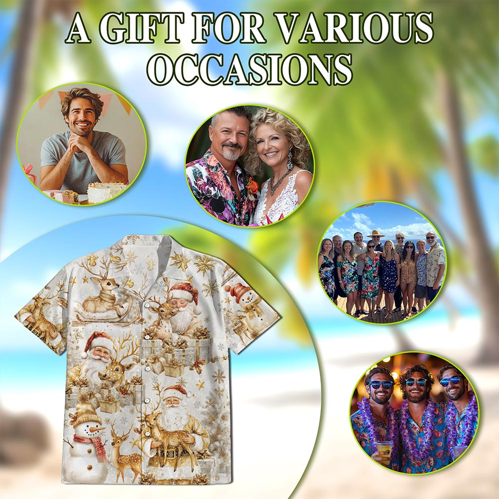 Golden Santa Claus and Reindeer Christmas Hawaiian Shirt for Men, Button Down Aloha Shirt - Azhawaiian