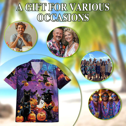 Black Cat Pumpkin Hawaiian Shirt for Men, Button Down Aloha Shirt - Azhawaiian