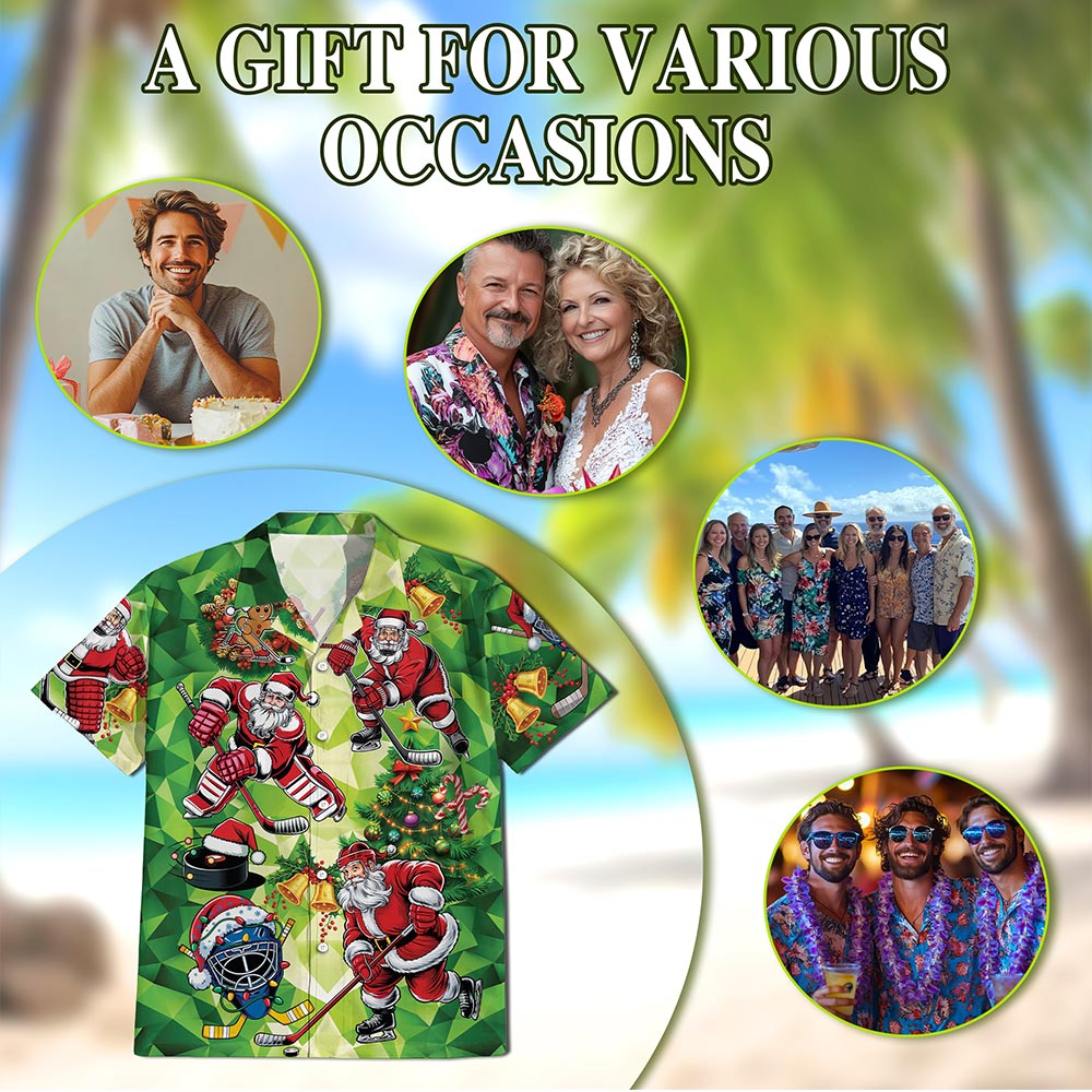 Santa Claus Ice Hockey Christmas Hawaiian Shirt for Men, Button Down Aloha Shirt - Azhawaiian