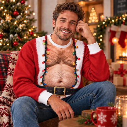 Hairy Chest Santa Sweatshirt – Funny Christmas Lights Santa Costume 3D All Over Print Design