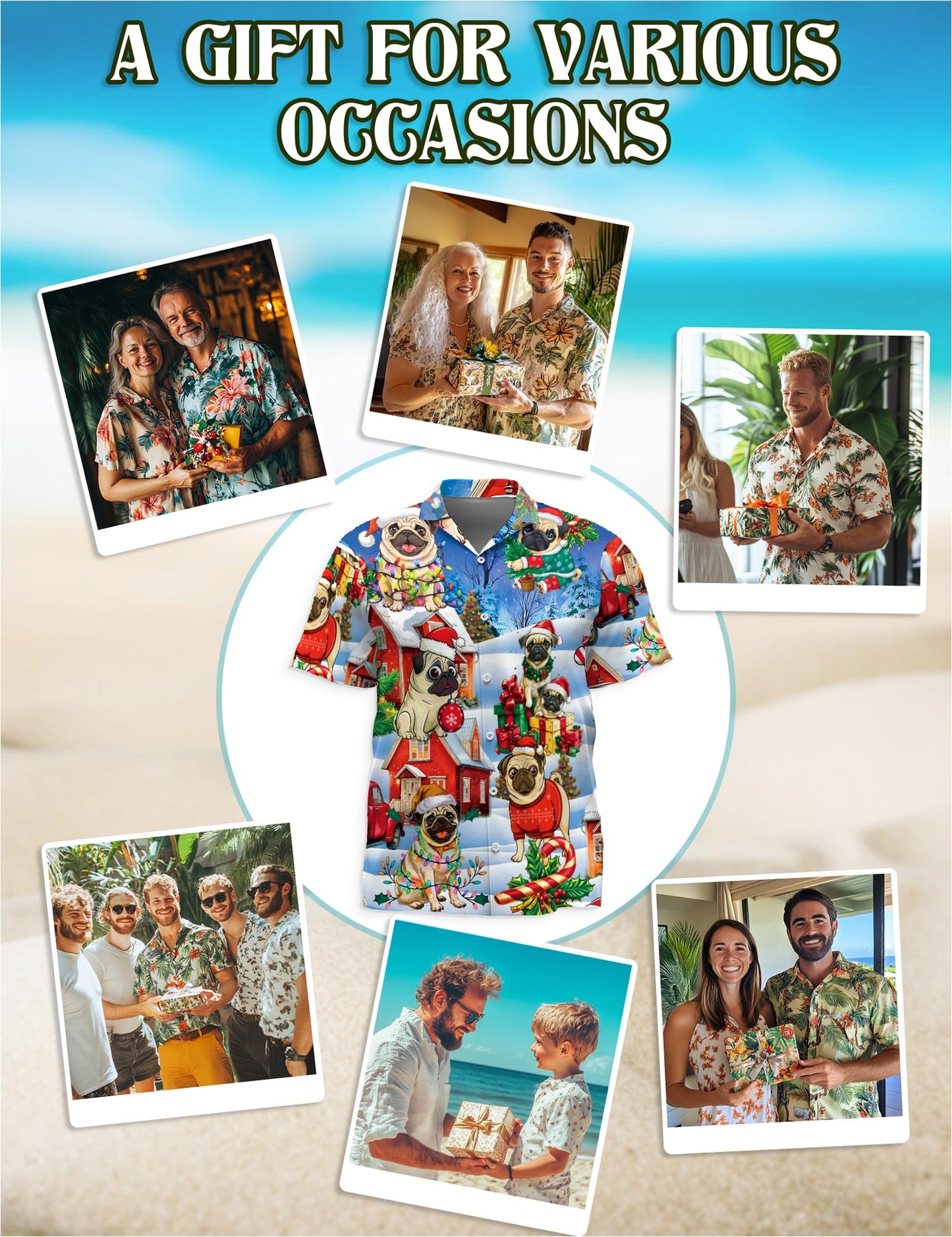 Funny Pug Christmas Hawaiian Shirt for Men, Button Down Aloha Shirt - Azhawaiian