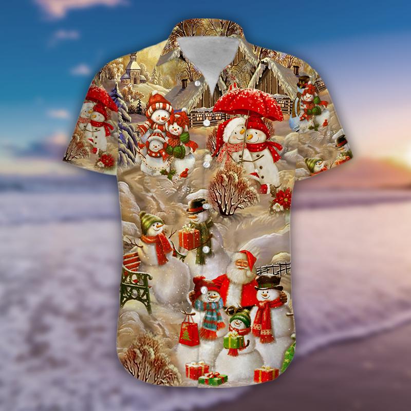 Lovely Snowman With Santa Claus Hawaiian Aloha Shirts