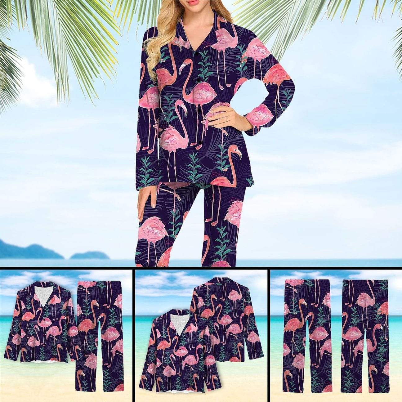 Lovely Pinky Flamingo Hawaiian Long Silk Pajamas Set #Dh