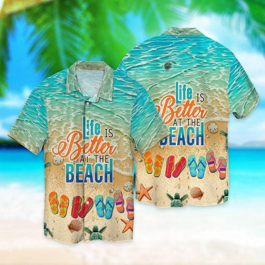 Life Is Better At The Beach Flip Flop Hawaiian Aloha Shirts #L