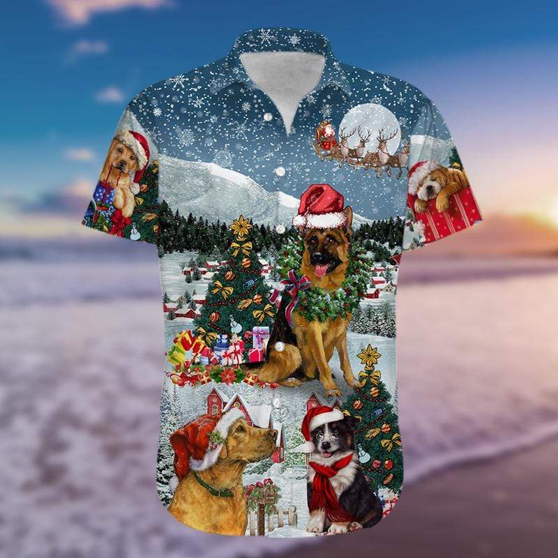 Lovely Dogs Under Christmas Snowy Hawaiian Aloha Shirts