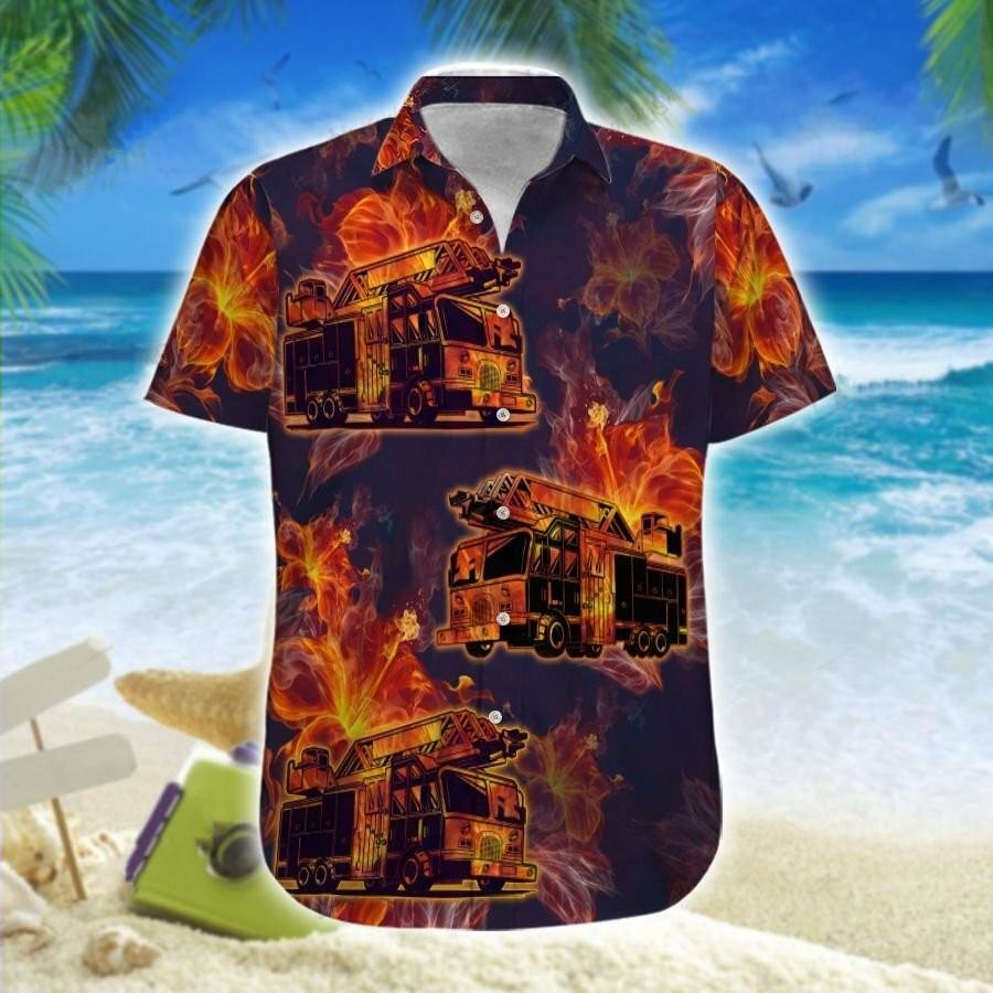 Hawaiian Aloha Shirts Firefighter-Fire Truck Hibiscus