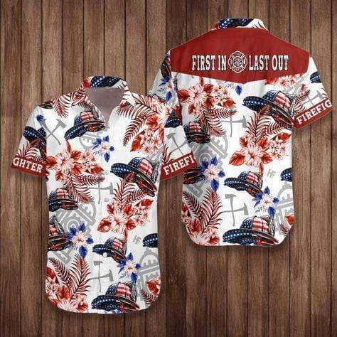 Hawaiian Aloha Shirts American Flag Helmet Firefighter