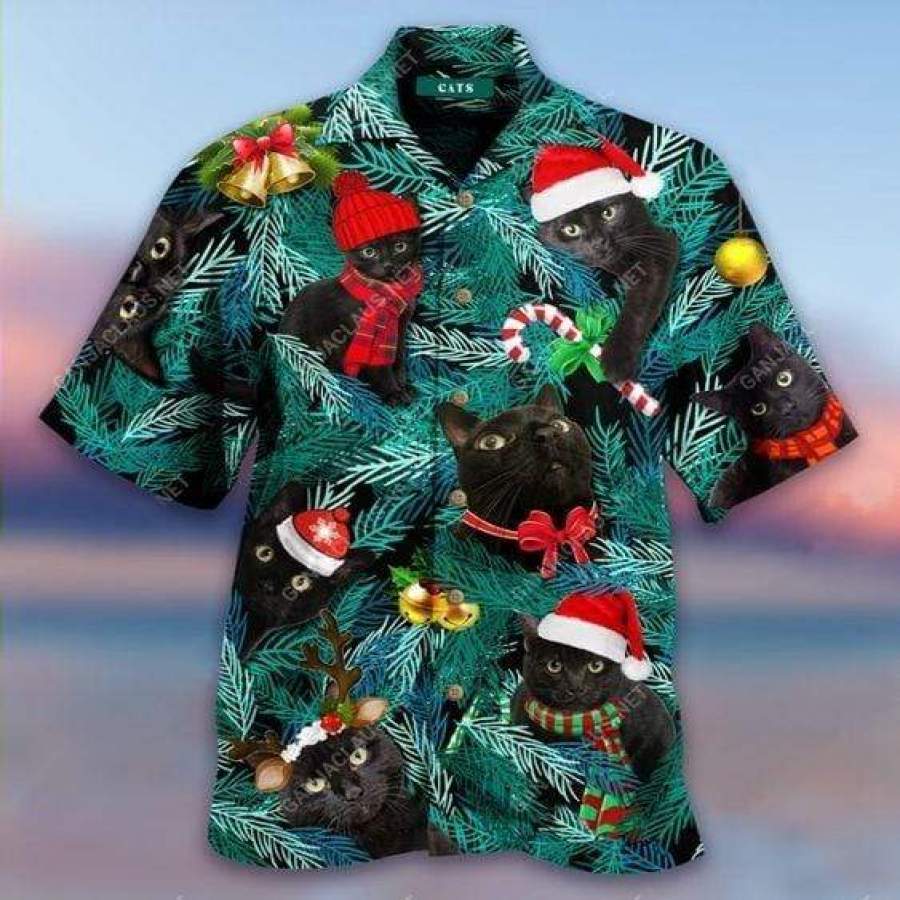 Hawaiian Aloha Shirts Enjoy Christmas With Black Cat