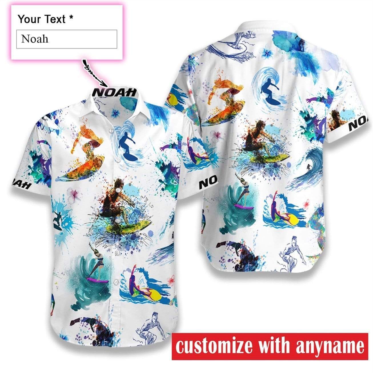 Custom Name Water Color Surfing Hawaiian Aloha Shirts