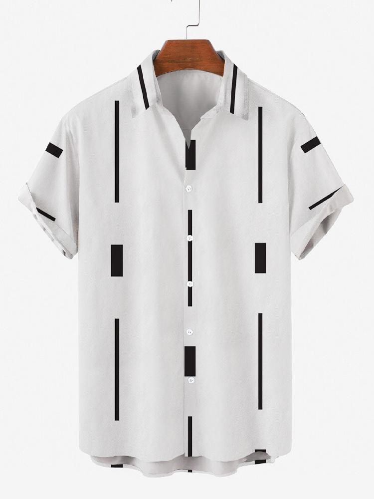 Black Stripe Turndown Collar Button Down Mens Short Sleeve Shirt Hawaiian