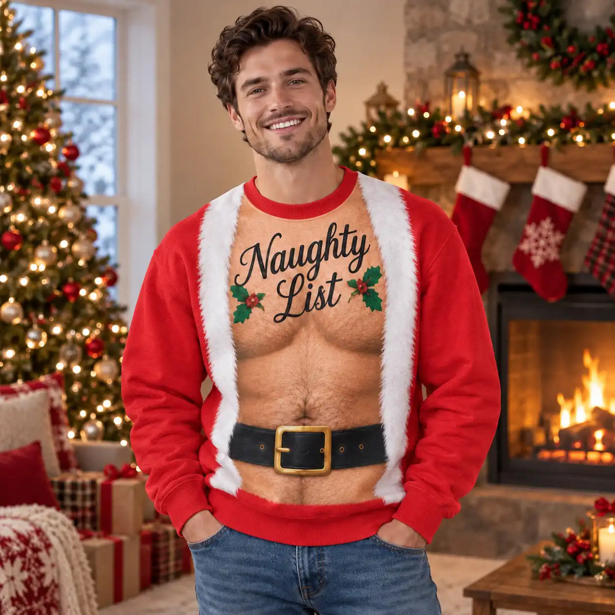 Hairy Chest Christmas Sweatshirt – Funny Ugly Christmas Santa 3D All Over Print Design