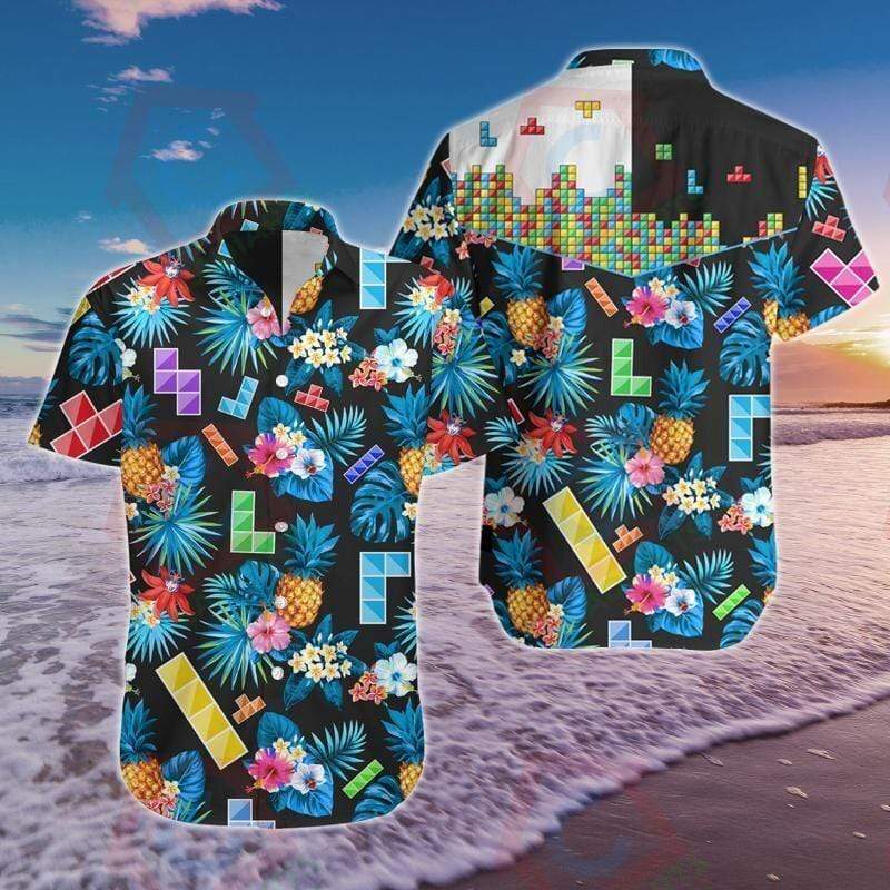 Tetris Puzzle Game Aloha Hawaiian Shirts #L