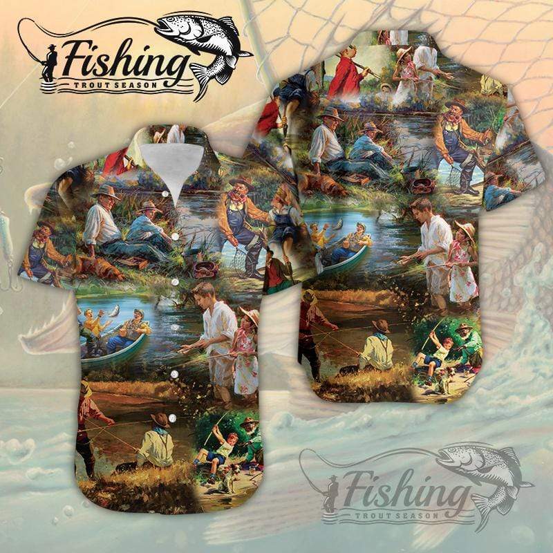 Vintage Fishing Art Unisex Hawaiian Aloha Shirts 