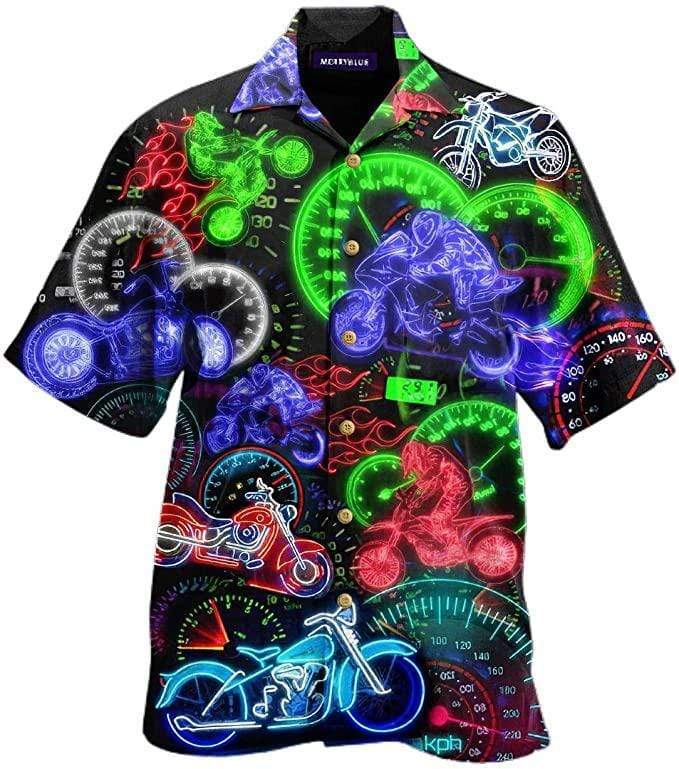 Motorcycles Riding Motorbikes Speed Lover Flame Neon Lights Colorful Unisex Hawaiian Aloha Shirts #DH