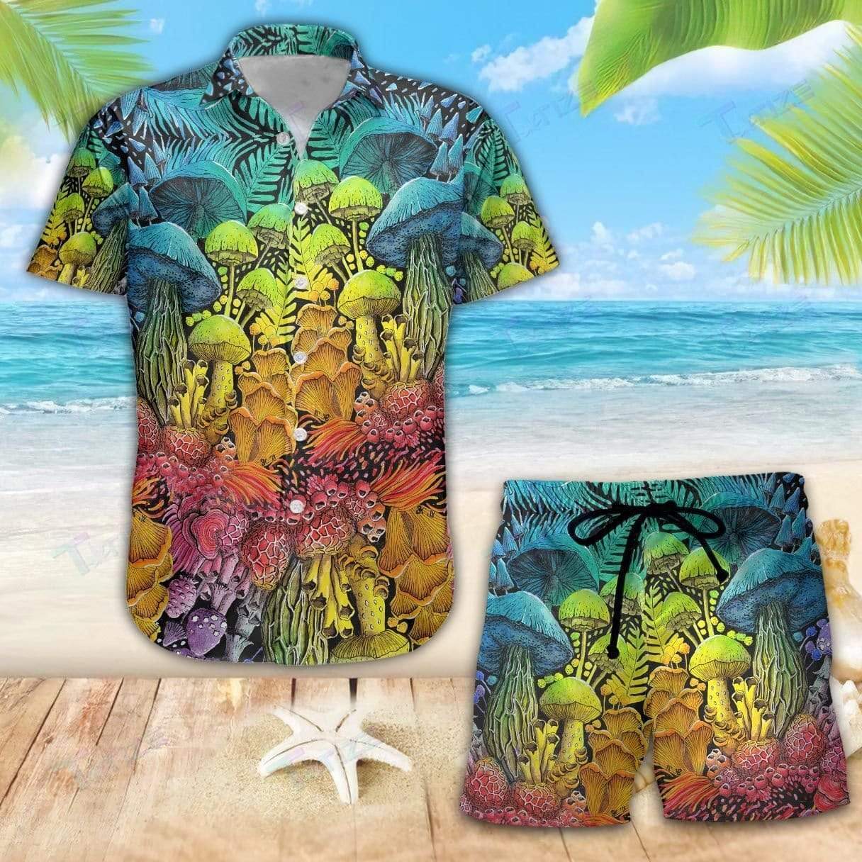 Psychedelic Mushroom Weed Hippie Hawaiian Shirts Swim Trunks Beach Shorts #Vi