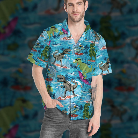  3D Dinosaurs Surfing Hawaiian Custom Short Sleeve Shirts