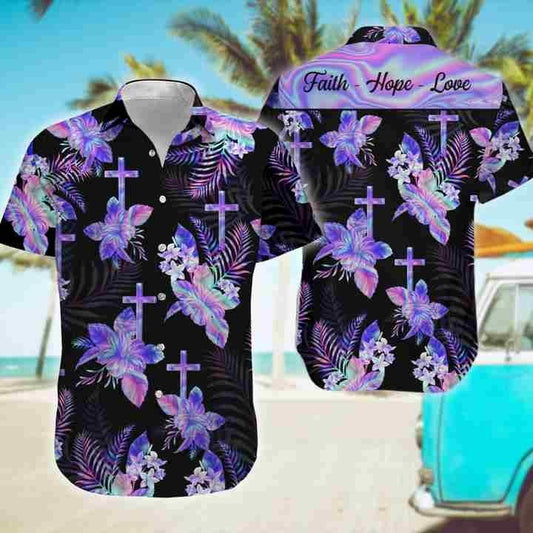 Hologram Flower Of God Faith Hope Love Hawaiian Aloha Shirt #Va