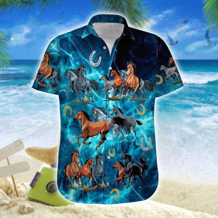 Amazing Strong Horse Blue Thunder Pattern Unisex Hawaiian Shirts - Beach Shorts