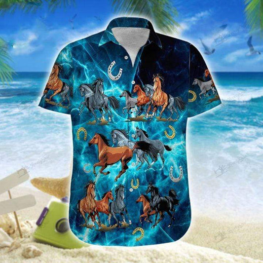 Amazing Strong Horse Blue Thunder Pattern Unisex Hawaiian Shirts - Beach Shorts