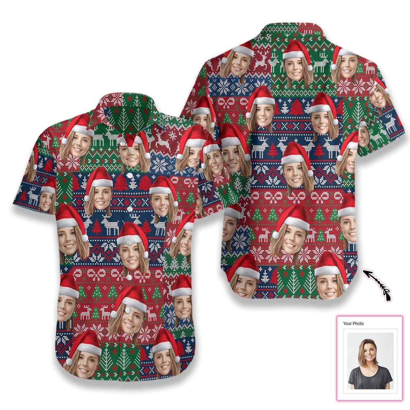 Personalized Santa Claus Ugly Christmas Hawaiian Aloha Shirts Custom Face #L