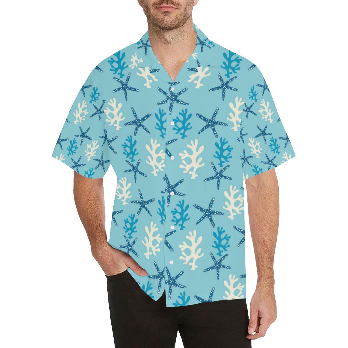 Blue Starfish Coral Reef Pattern Mens All Over Print Hawaiian Shirt