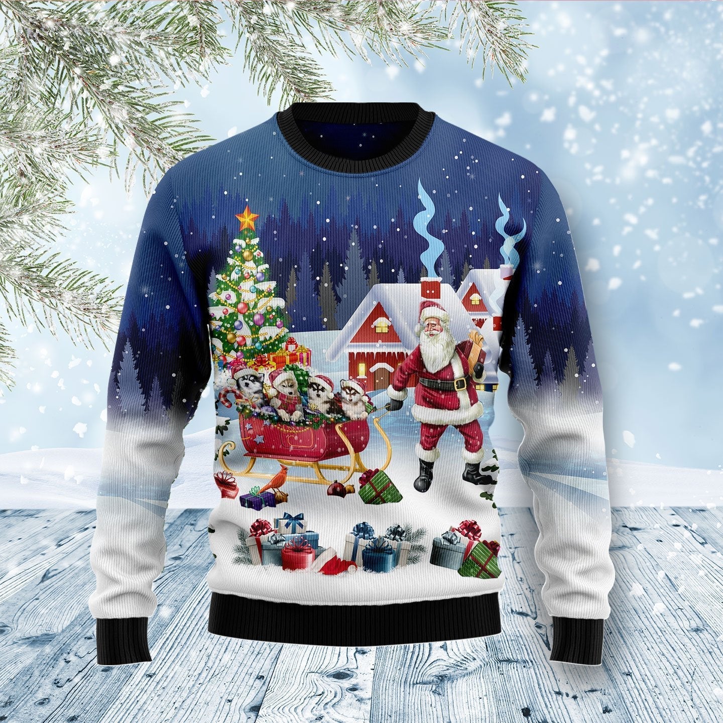 Siberian Husky Dog Santa Sled Ugly Christmas Sweater 