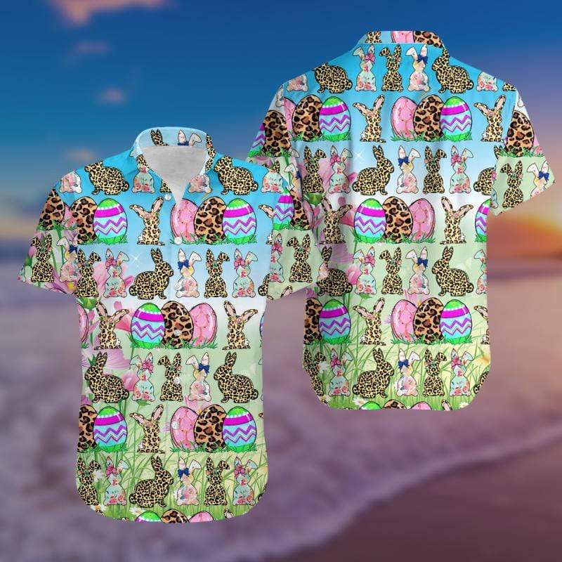 Bunny Leopard &amp;amp; eggs blue happy Easter day Hawaiian Aloha Shirts  #V