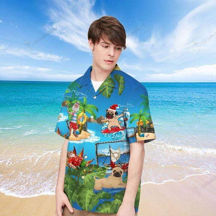 Funny Pug Surfing Merry Christmas Hawaiian Aloha Shirts #V