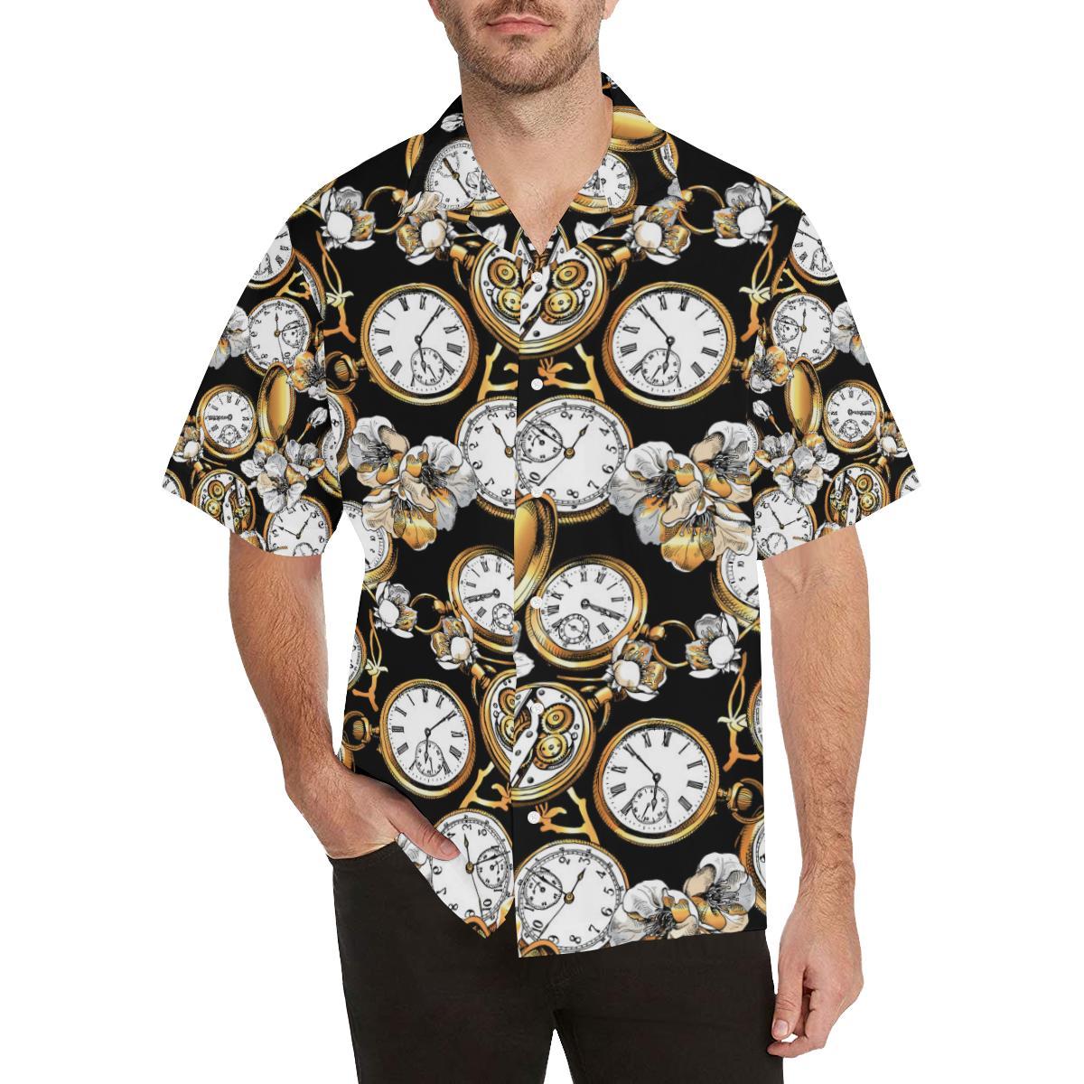 Clock Flower Pattern Mens All Over Print Hawaiian Shirt