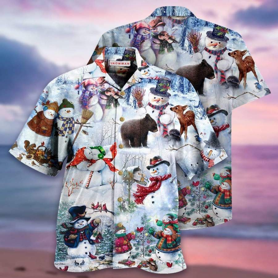 Cute Snowman Merry Christmas Hawaiian Aloha Shirts