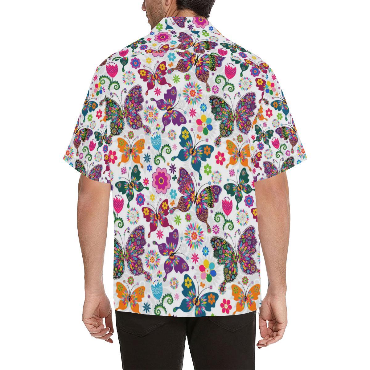 Colorful Butterfly Flower Pattern Mens All Over Print Hawaiian Shirt