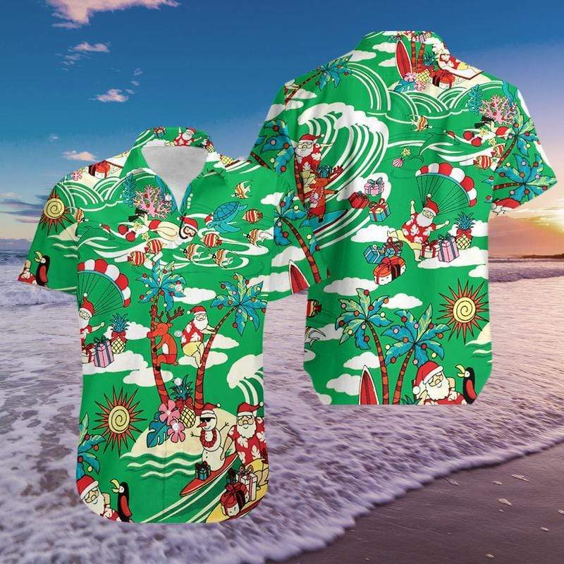 Funny Santa Claus Enjoy Summer Green Hawaiian Shirts #2111l